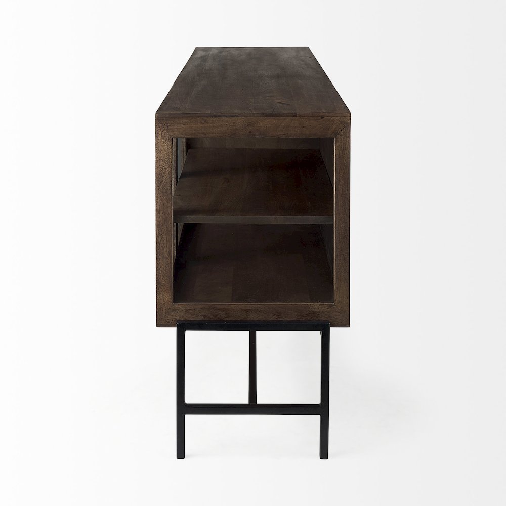 Medium Brown, Black Metal Base w/ 4 Glass Door Cabinets Sideboard