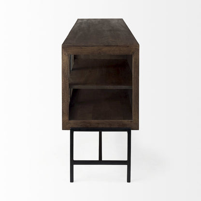 Medium Brown, Black Metal Base w/ 4 Glass Door Cabinets Sideboard