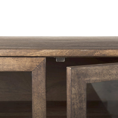 Medium Brown, Black Metal Base w/ 4 Glass Door Cabinets Sideboard