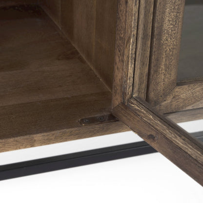 Medium Brown, Black Metal Base w/ 4 Glass Door Cabinets Sideboard