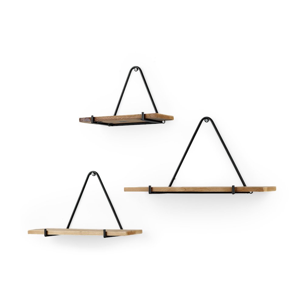 Set of Three Brown Wood W/ Black Metal Triangular Hanging Shelves