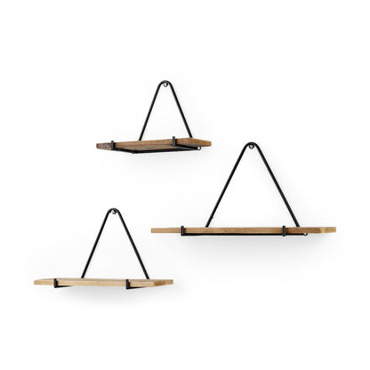 Set of Three Brown Wood W/ Black Metal Triangular Hanging Shelves