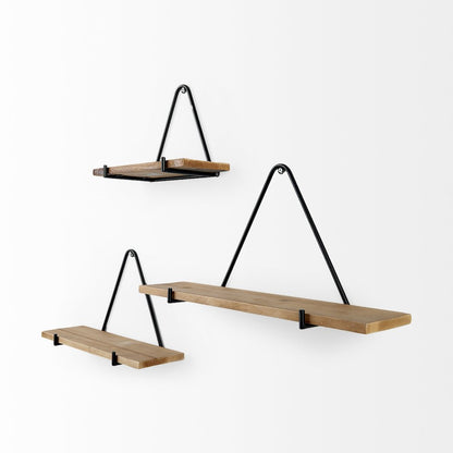 Set of Three Brown Wood W/ Black Metal Triangular Hanging Shelves