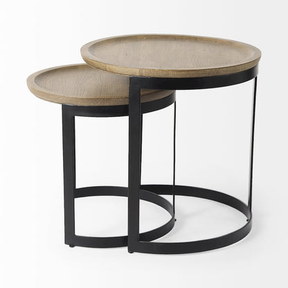 (Set of 2) Light Brown Wood W/ Black Metal Base Round Nesting Side Tables