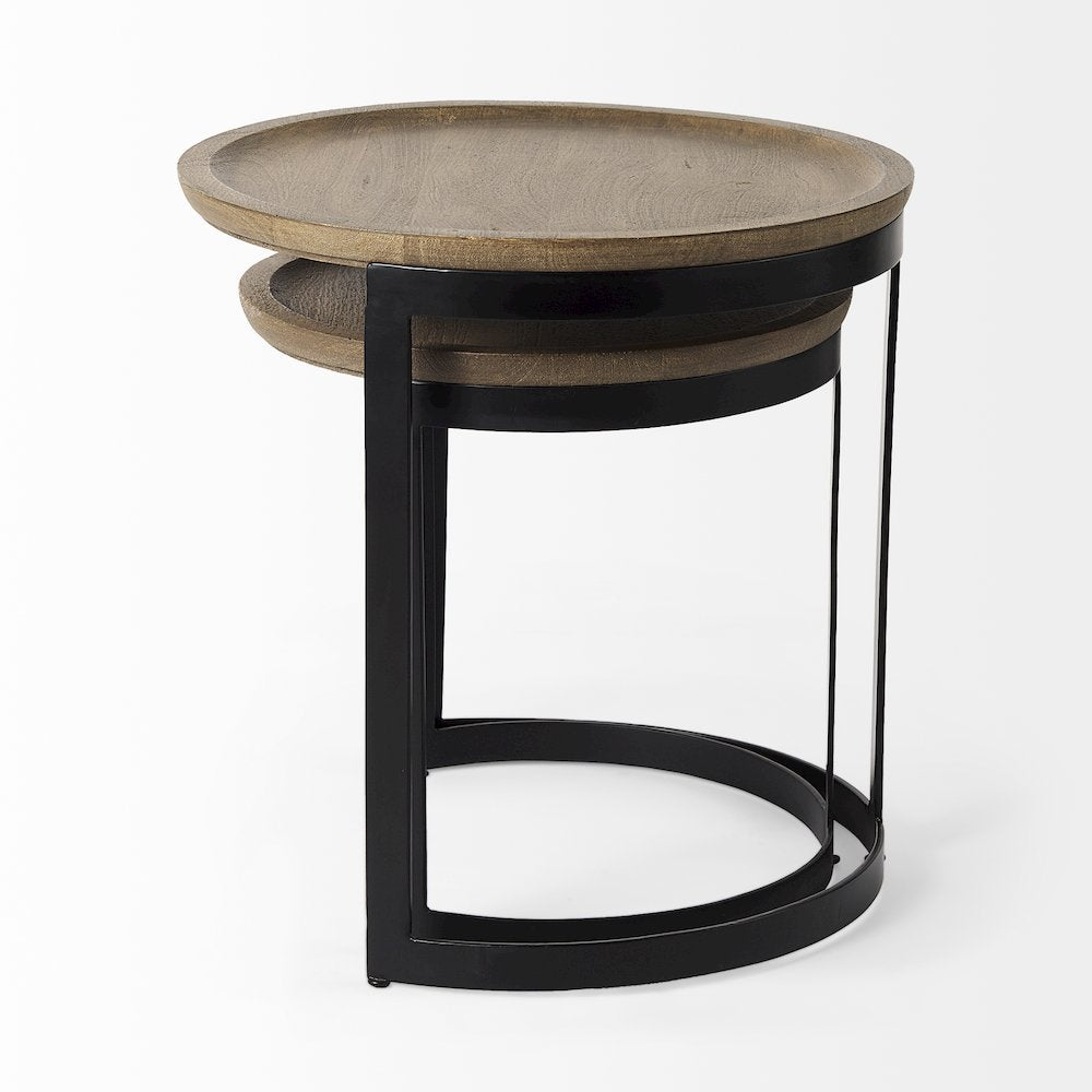 (Set of 2) Light Brown Wood W/ Black Metal Base Round Nesting Side Tables