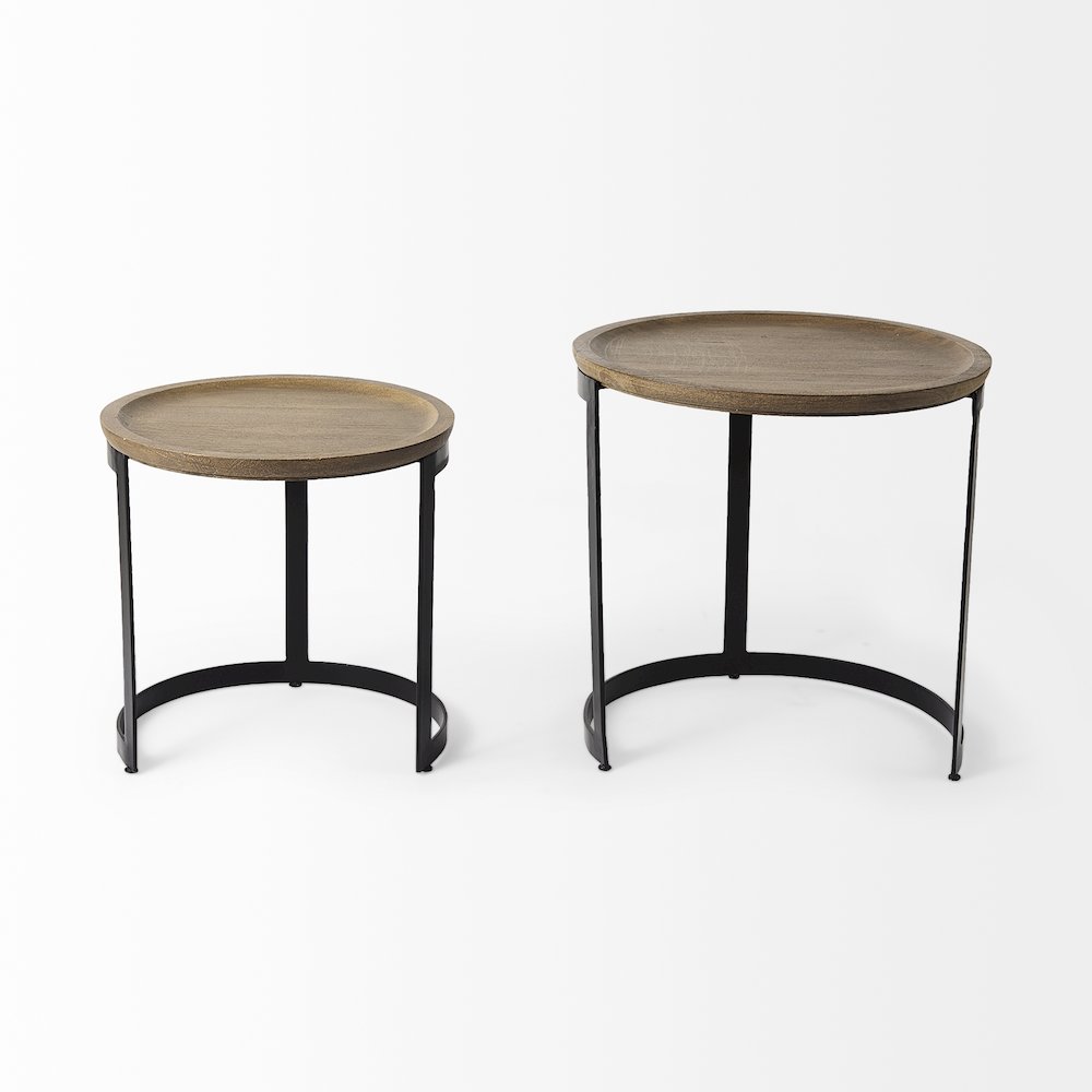 (Set of 2) Light Brown Wood W/ Black Metal Base Round Nesting Side Tables