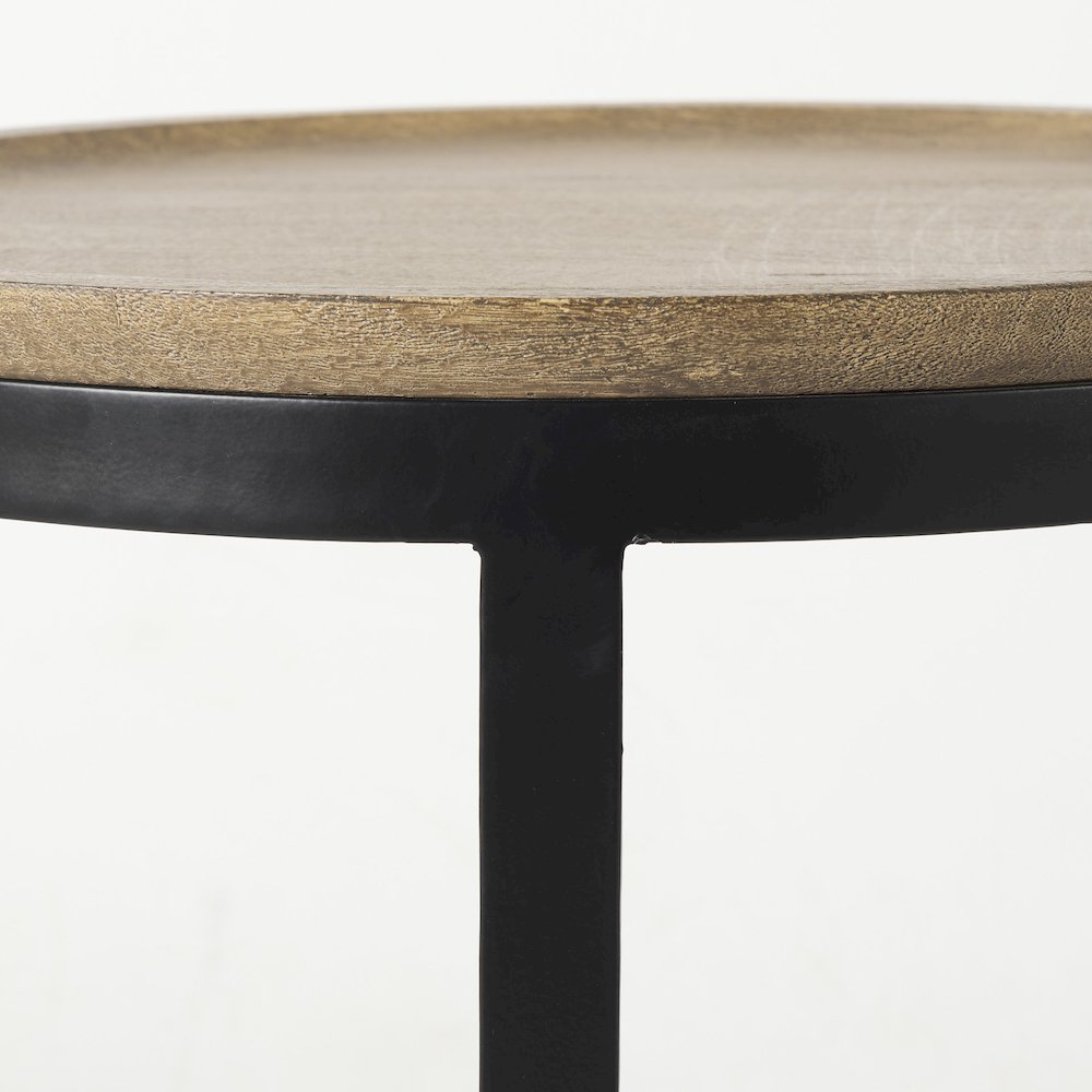 (Set of 2) Light Brown Wood W/ Black Metal Base Round Nesting Side Tables