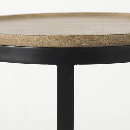 (Set of 2) Light Brown Wood W/ Black Metal Base Round Nesting Side Tables