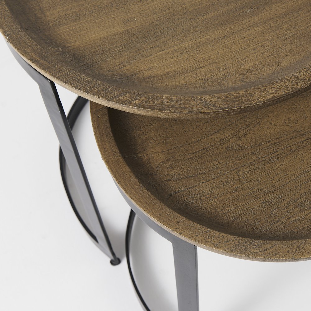(Set of 2) Light Brown Wood W/ Black Metal Base Round Nesting Side Tables