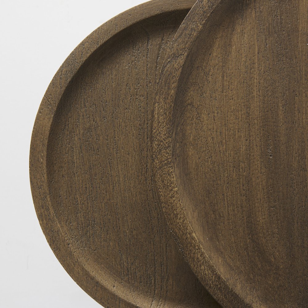 (Set of 2) Light Brown Wood W/ Black Metal Base Round Nesting Side Tables