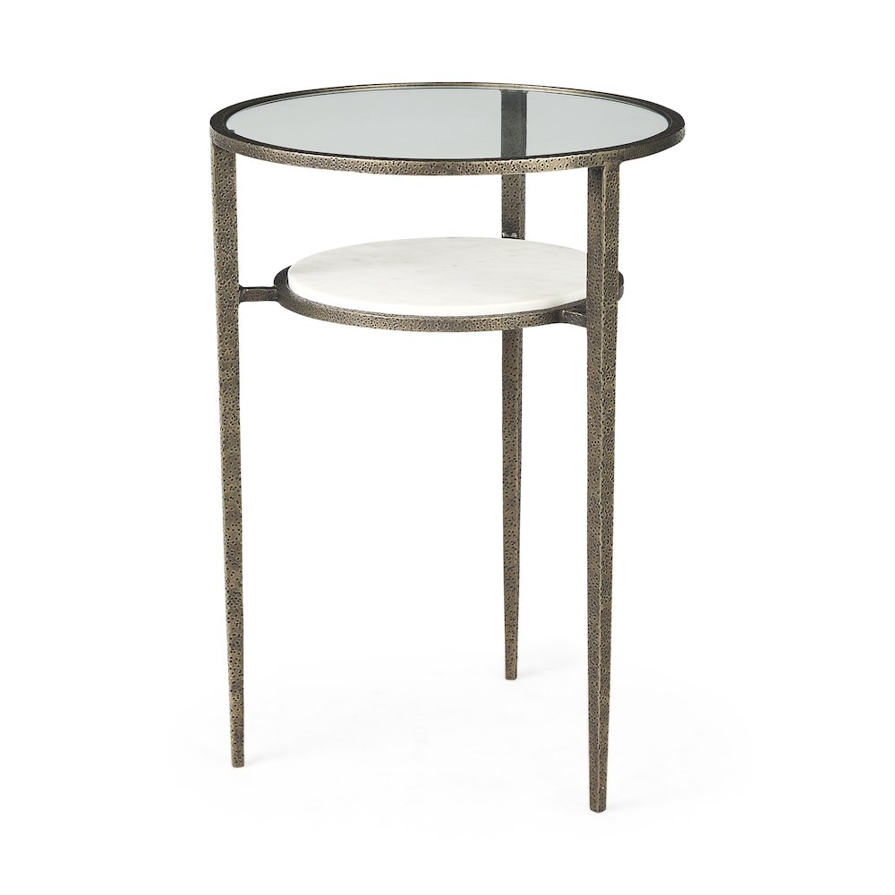 Glass Top W/ White Marble Shelf and Antique Gold Base End/Side Table
