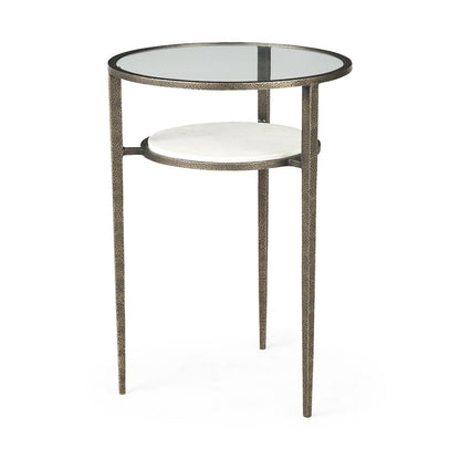 Glass Top W/ White Marble Shelf and Antique Gold Base End/Side Table