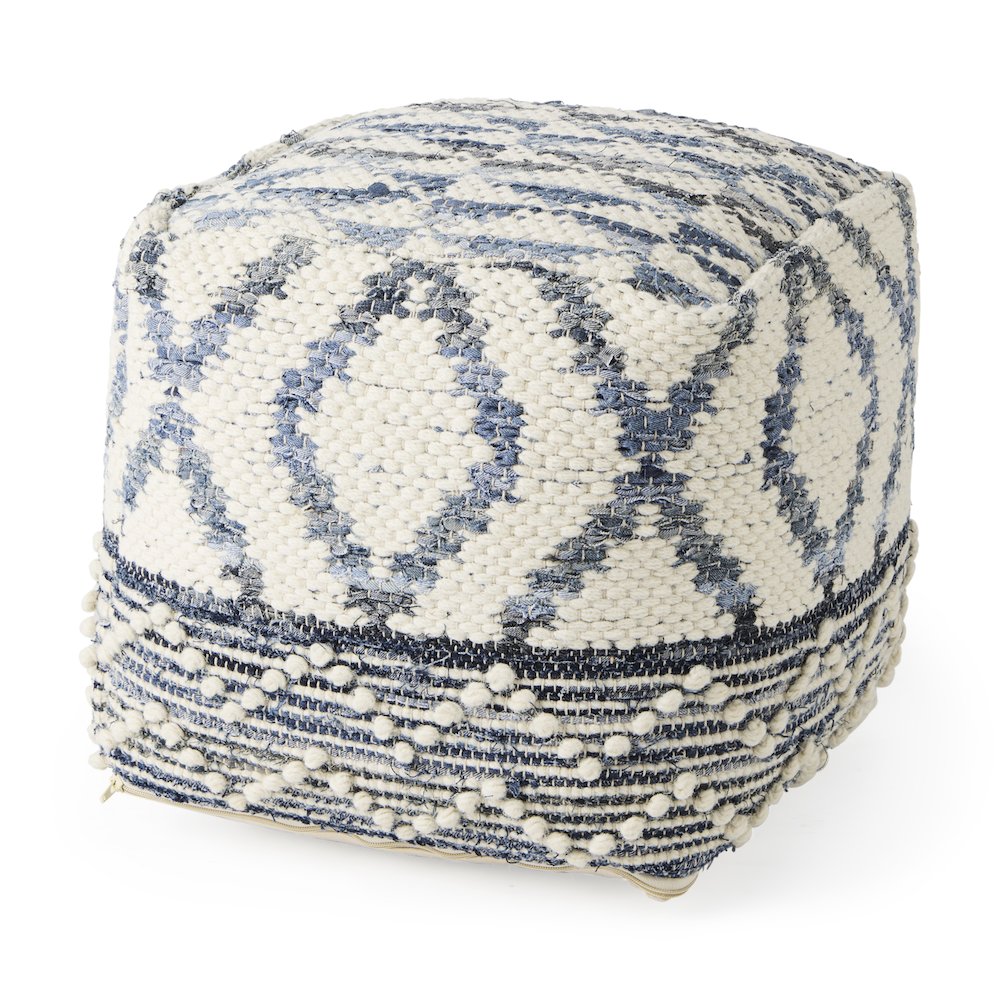 Eshana 16.0L x 16.0W x 16.0H Cream Wool and Denim Patterned Pouf