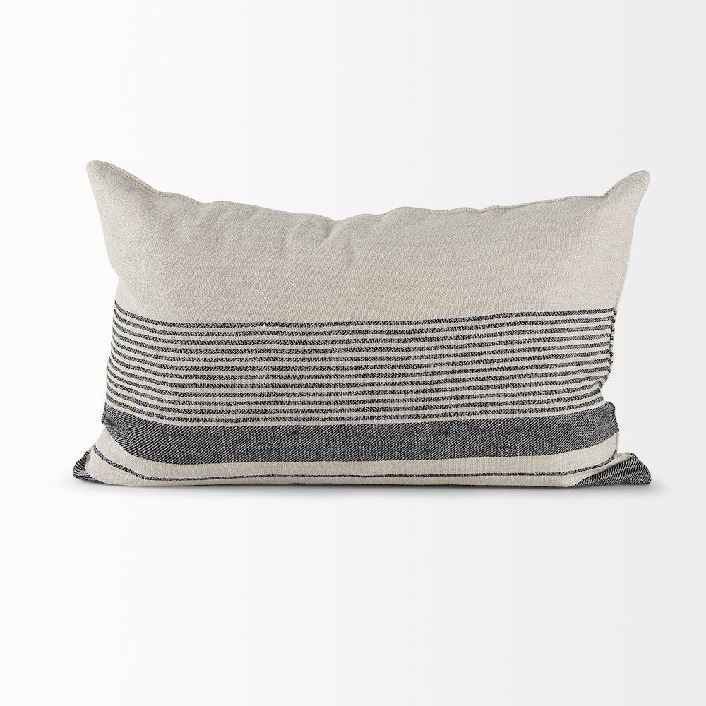 Black and Beige Fabric Striped and Fringed Decorative Pillow Cover