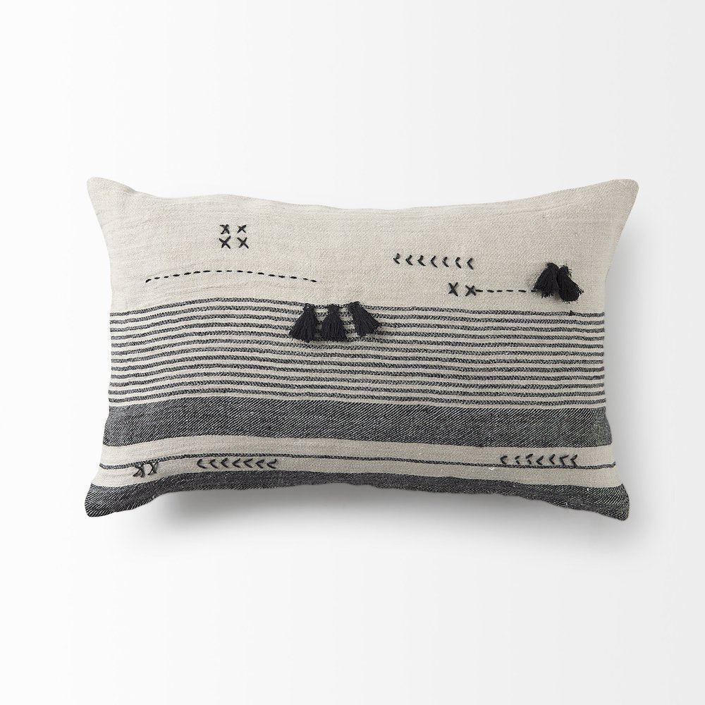 Black and Beige Fabric Striped and Fringed Decorative Pillow Cover