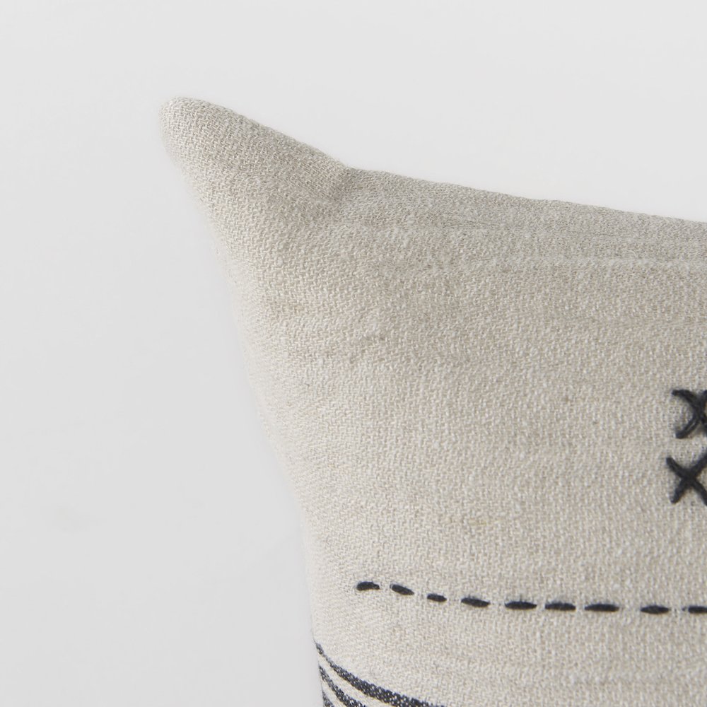 Black and Beige Fabric Striped and Fringed Decorative Pillow Cover