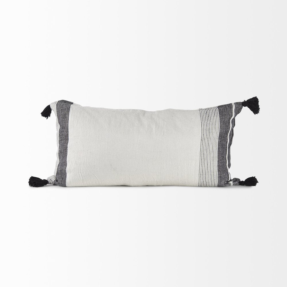 White and Black Fabric Herringbone and Fringed Decorative Pillow Cover