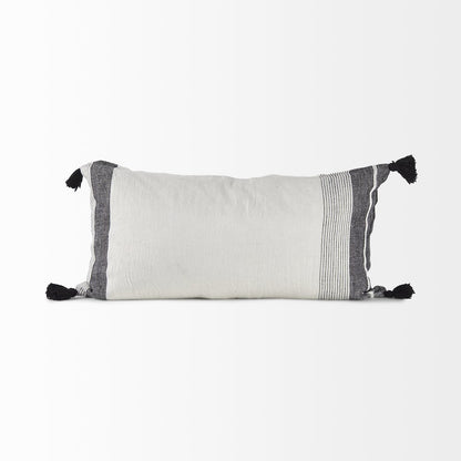 White and Black Fabric Herringbone and Fringed Decorative Pillow Cover