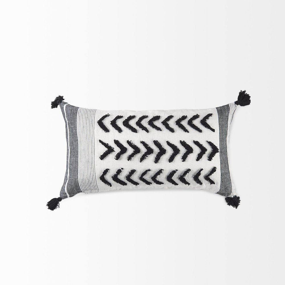 White and Black Fabric Herringbone and Fringed Decorative Pillow Cover