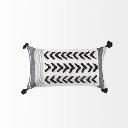 White and Black Fabric Herringbone and Fringed Decorative Pillow Cover