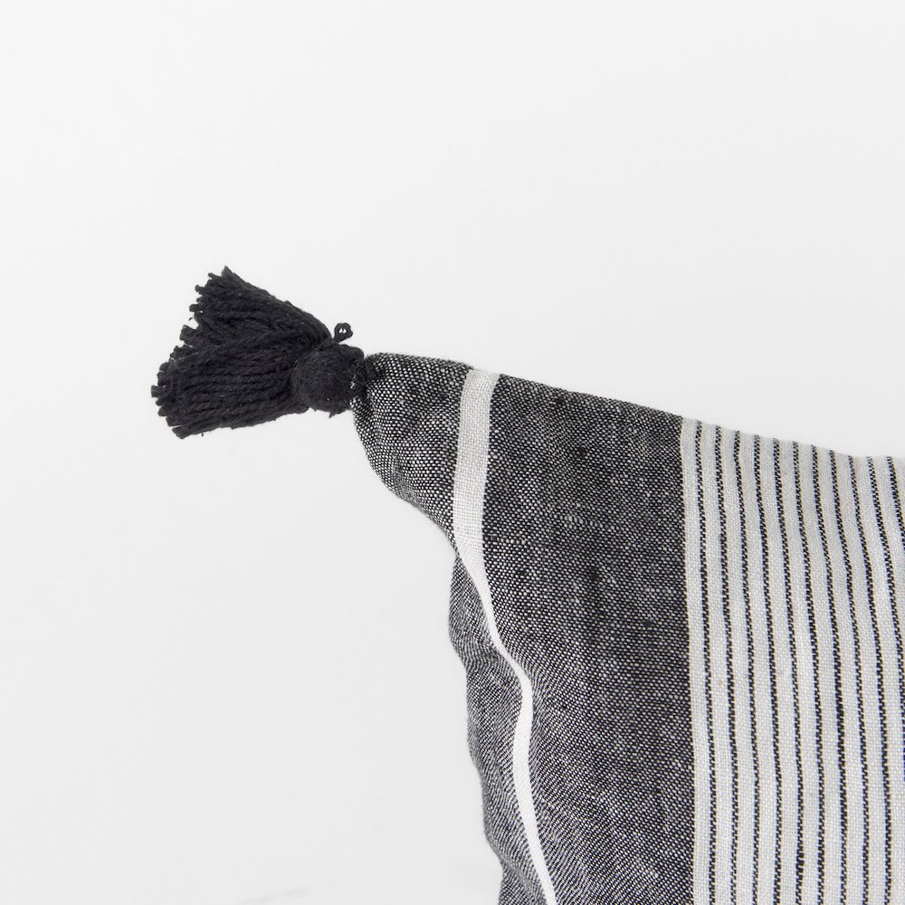 White and Black Fabric Herringbone and Fringed Decorative Pillow Cover