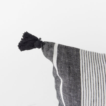 White and Black Fabric Herringbone and Fringed Decorative Pillow Cover