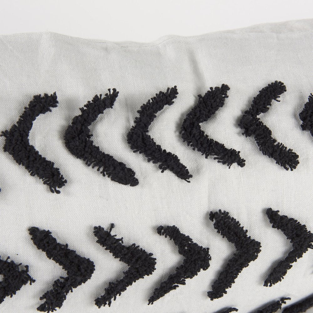White and Black Fabric Herringbone and Fringed Decorative Pillow Cover