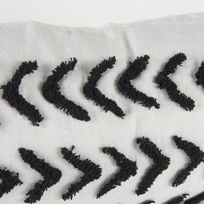 White and Black Fabric Herringbone and Fringed Decorative Pillow Cover