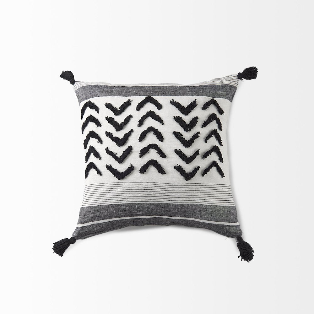 White and Black Fabric Herringbone and Fringed Decorative Pillow Cover