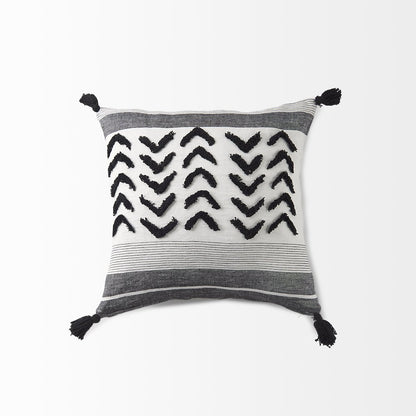 White and Black Fabric Herringbone and Fringed Decorative Pillow Cover