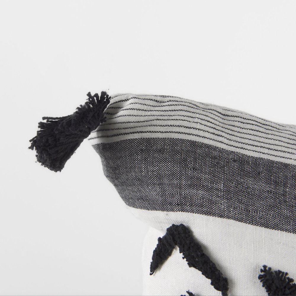 White and Black Fabric Herringbone and Fringed Decorative Pillow Cover