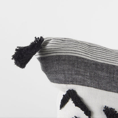 White and Black Fabric Herringbone and Fringed Decorative Pillow Cover