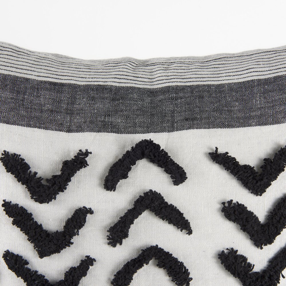 White and Black Fabric Herringbone and Fringed Decorative Pillow Cover