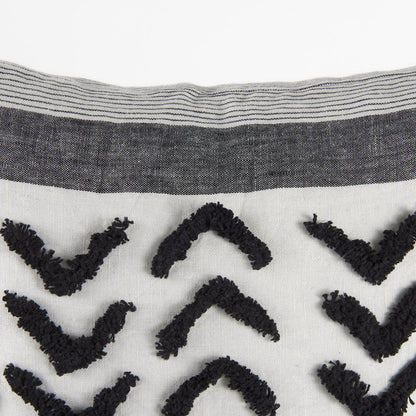 White and Black Fabric Herringbone and Fringed Decorative Pillow Cover