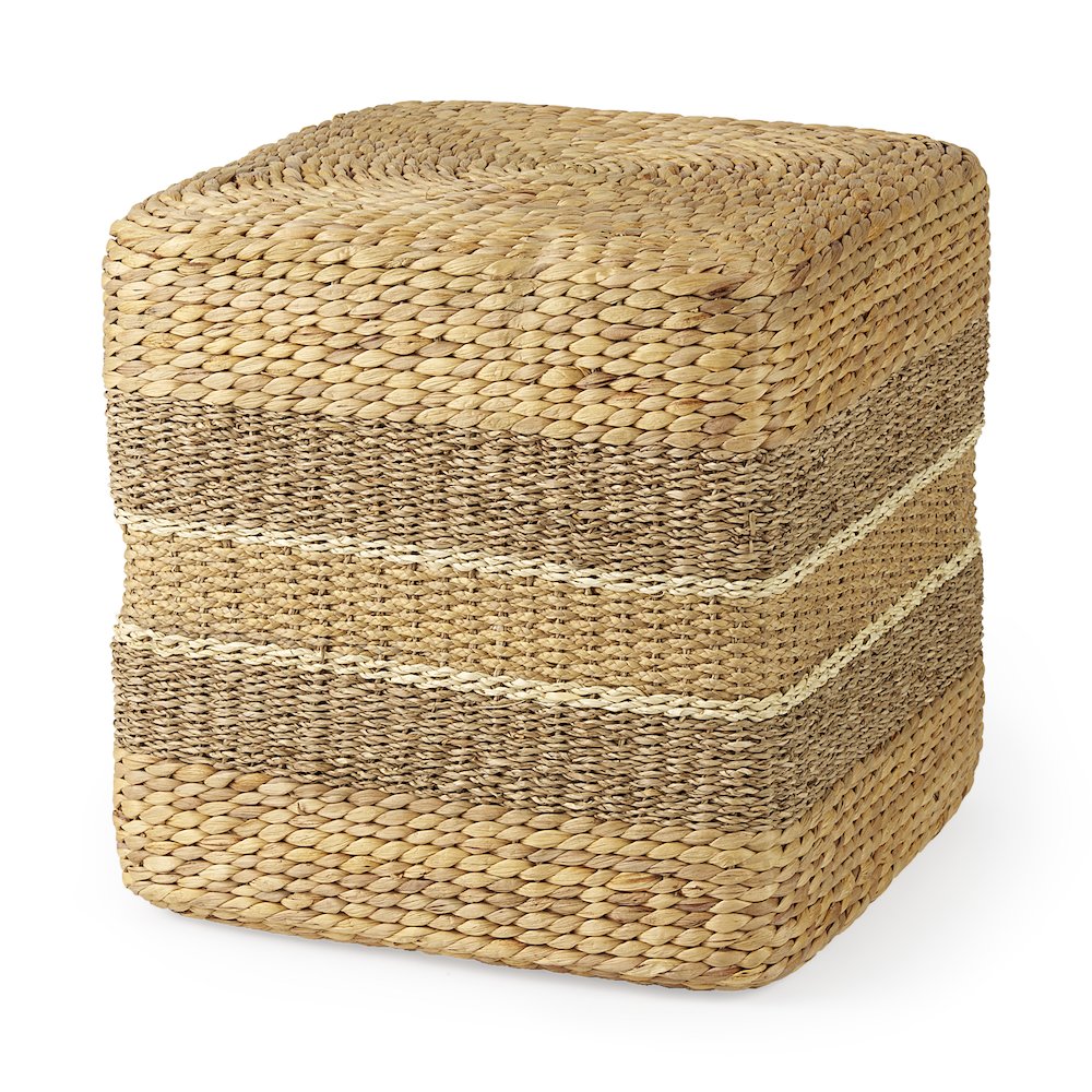 Light Brown W/Medium Brown Stripes Seagrass Square Pouf
