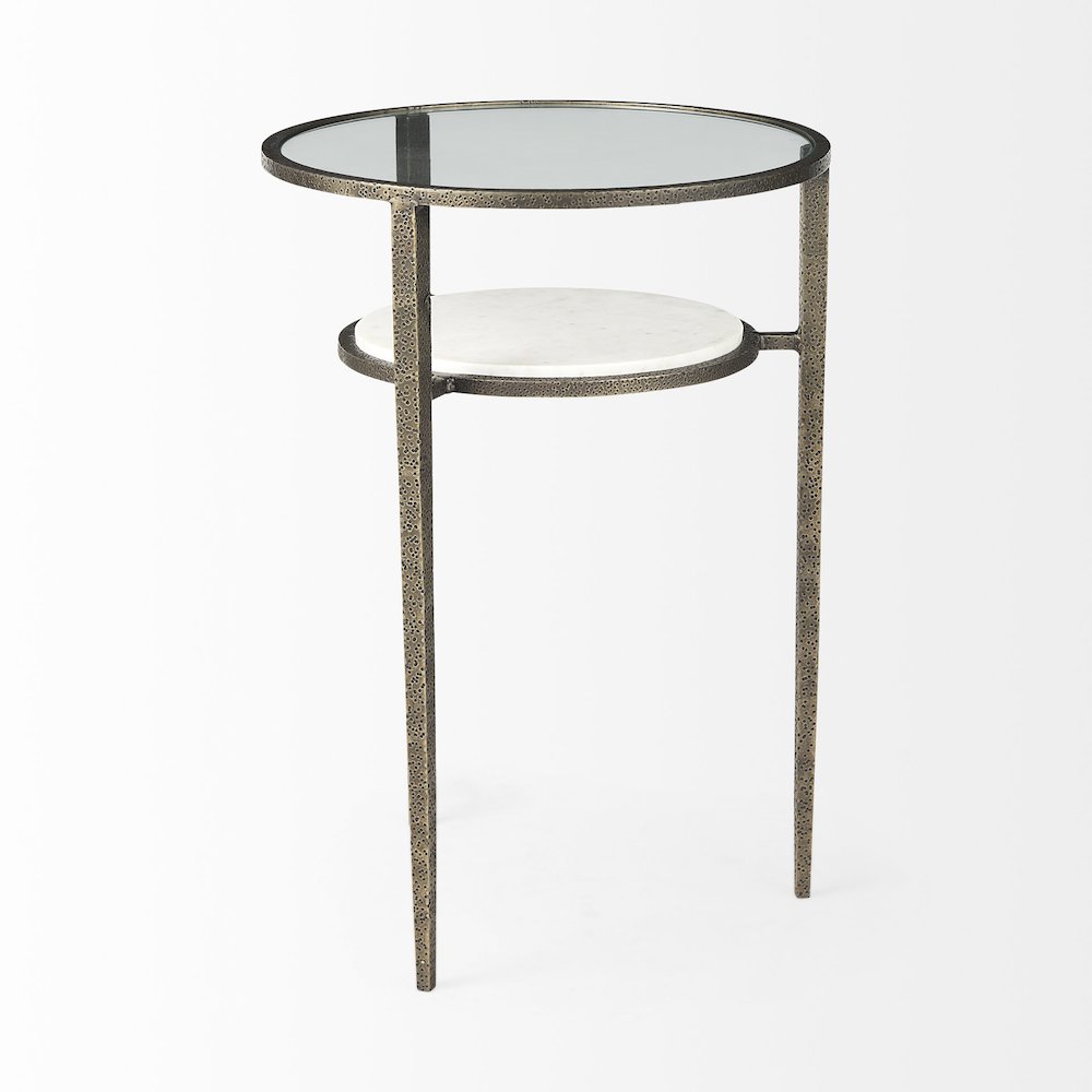 Glass Top W/ White Marble Shelf and Antique Gold Base End/Side Table