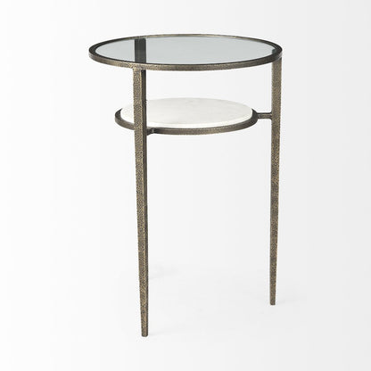 Glass Top W/ White Marble Shelf and Antique Gold Base End/Side Table