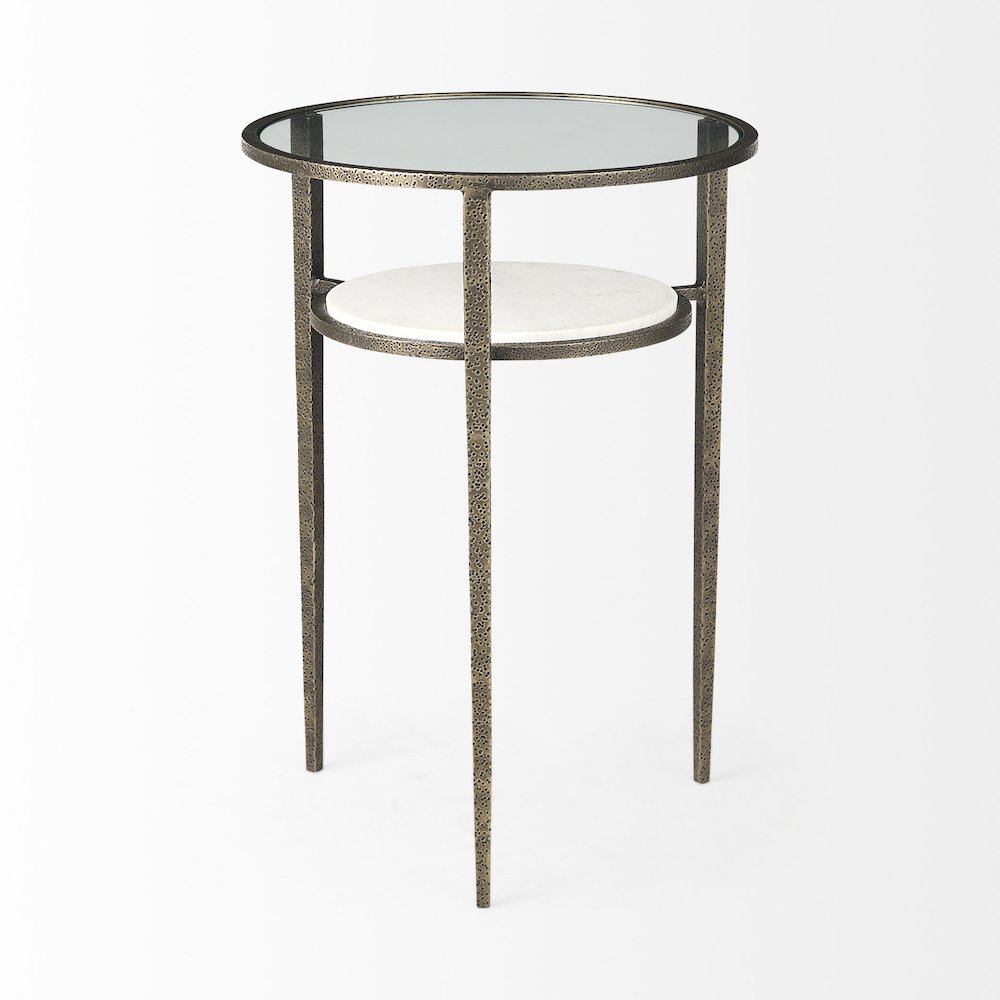 Glass Top W/ White Marble Shelf and Antique Gold Base End/Side Table