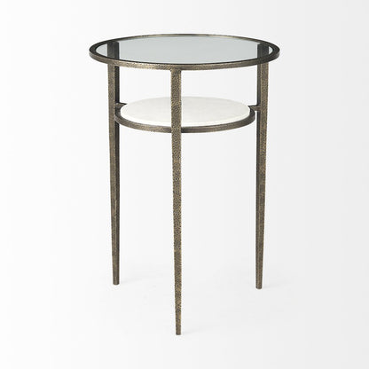 Glass Top W/ White Marble Shelf and Antique Gold Base End/Side Table