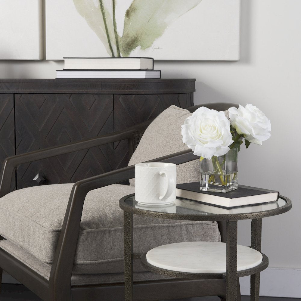 Glass Top W/ White Marble Shelf and Antique Gold Base End/Side Table