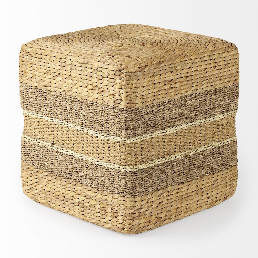 Light Brown W/Medium Brown Stripes Seagrass Square Pouf