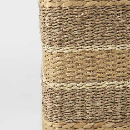 Light Brown W/Medium Brown Stripes Seagrass Square Pouf