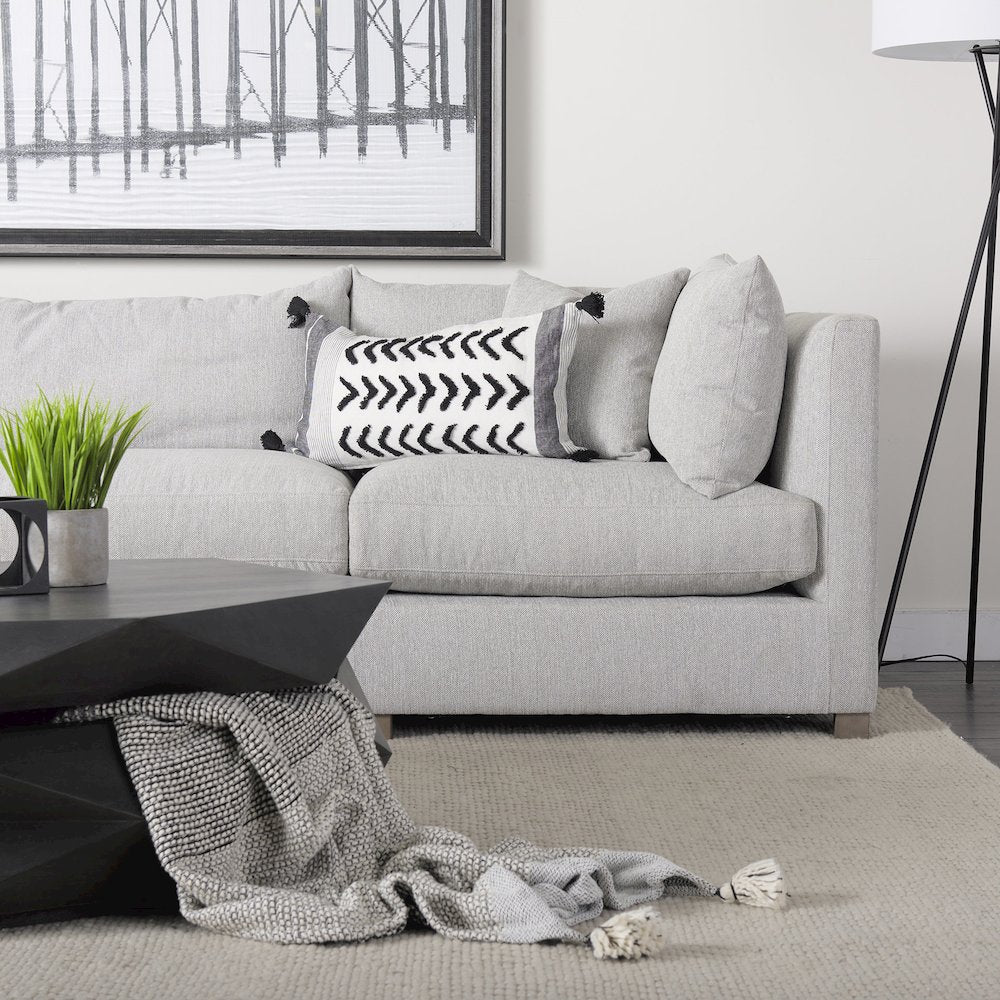 White and Black Fabric Herringbone and Fringed Decorative Pillow Cover