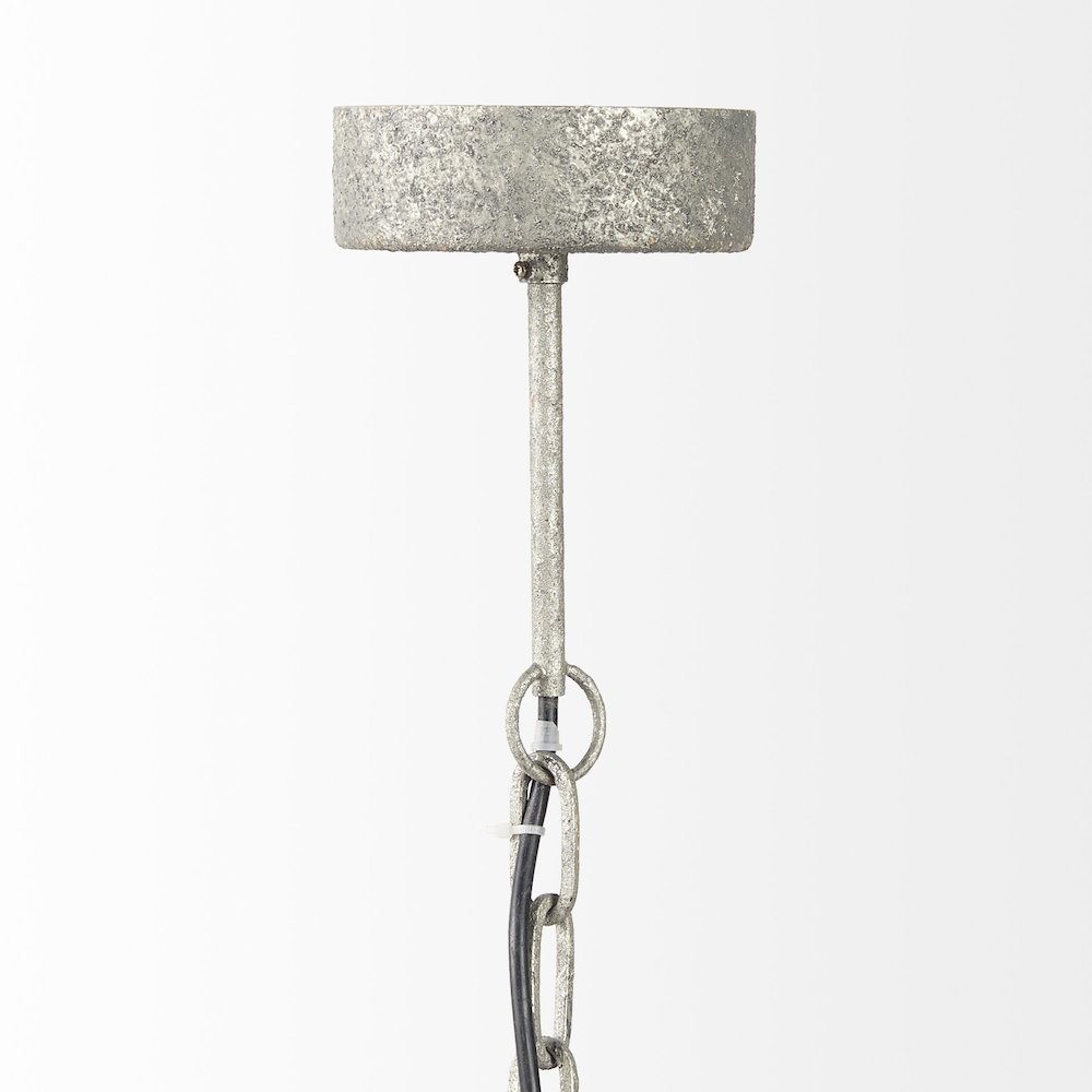 Silver Metal Chassis and White Wood Beaded Six Bulb Chandelier