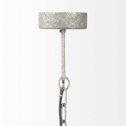 Silver Metal Chassis and White Wood Beaded Six Bulb Chandelier