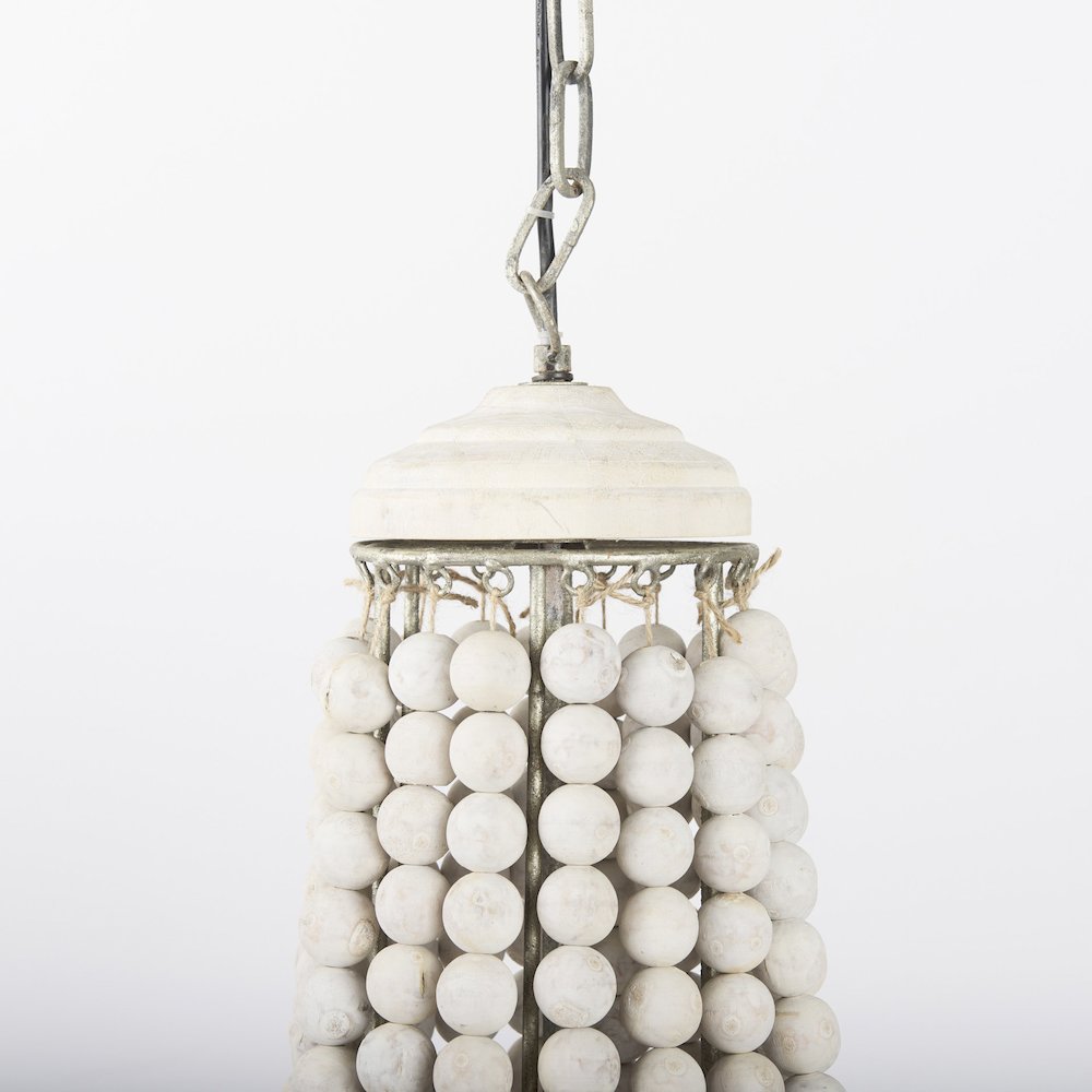 Silver Metal Chassis and White Wood Beaded Six Bulb Chandelier
