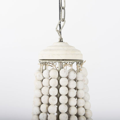 Silver Metal Chassis and White Wood Beaded Six Bulb Chandelier