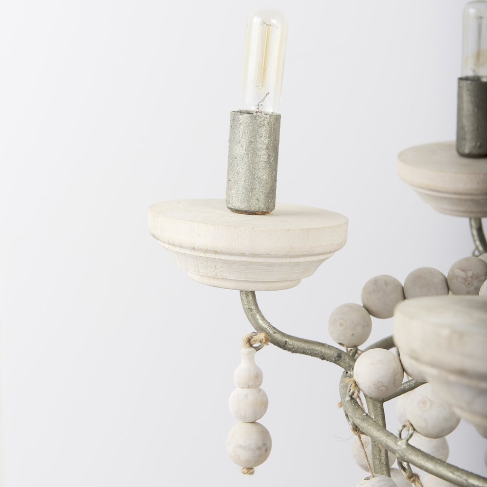 Silver Metal Chassis and White Wood Beaded Six Bulb Chandelier