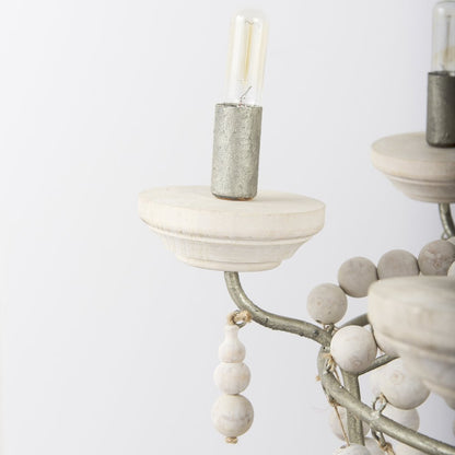 Silver Metal Chassis and White Wood Beaded Six Bulb Chandelier