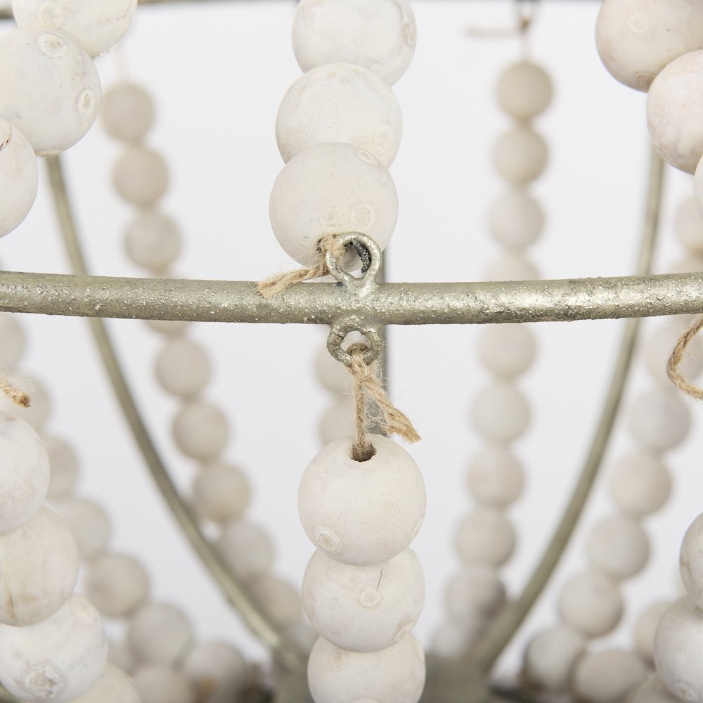 Silver Metal Chassis and White Wood Beaded Six Bulb Chandelier